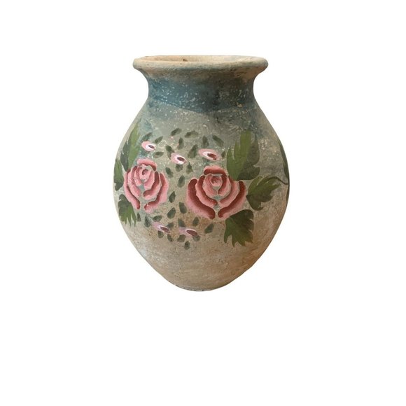 Distressed Shabby 7” Painted Floral Clay Pottery Vase Urn - Picture 1 of 8